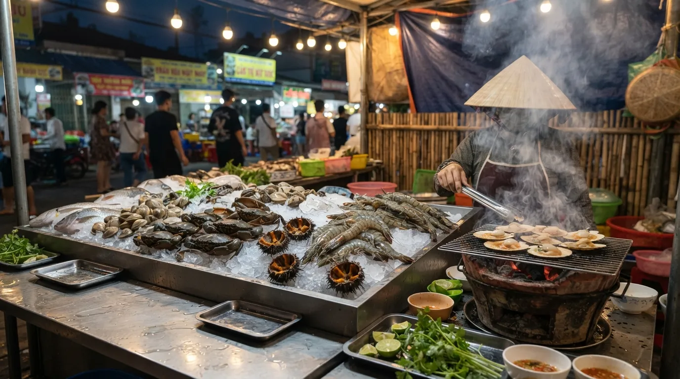 Свежие морепродукты на ночном рынке Фукуока