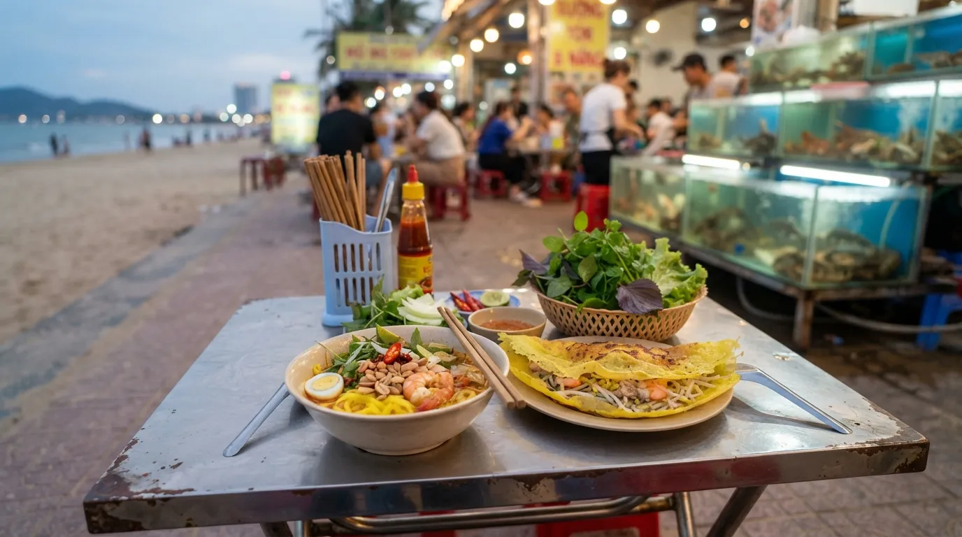 Данангская еда: mì Quảng, bún chả cá и морепродукты у пляжа